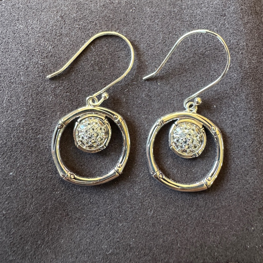 John Hardy Sterling Silver White Topaz Circle. Bamboo Drop Earrings